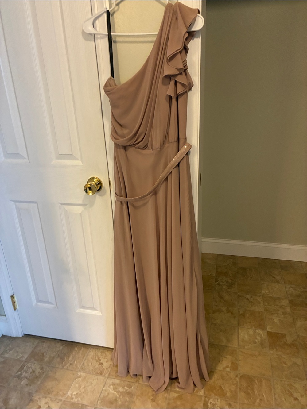 One-Shoulder Ruffle Evening Gown in Taupe